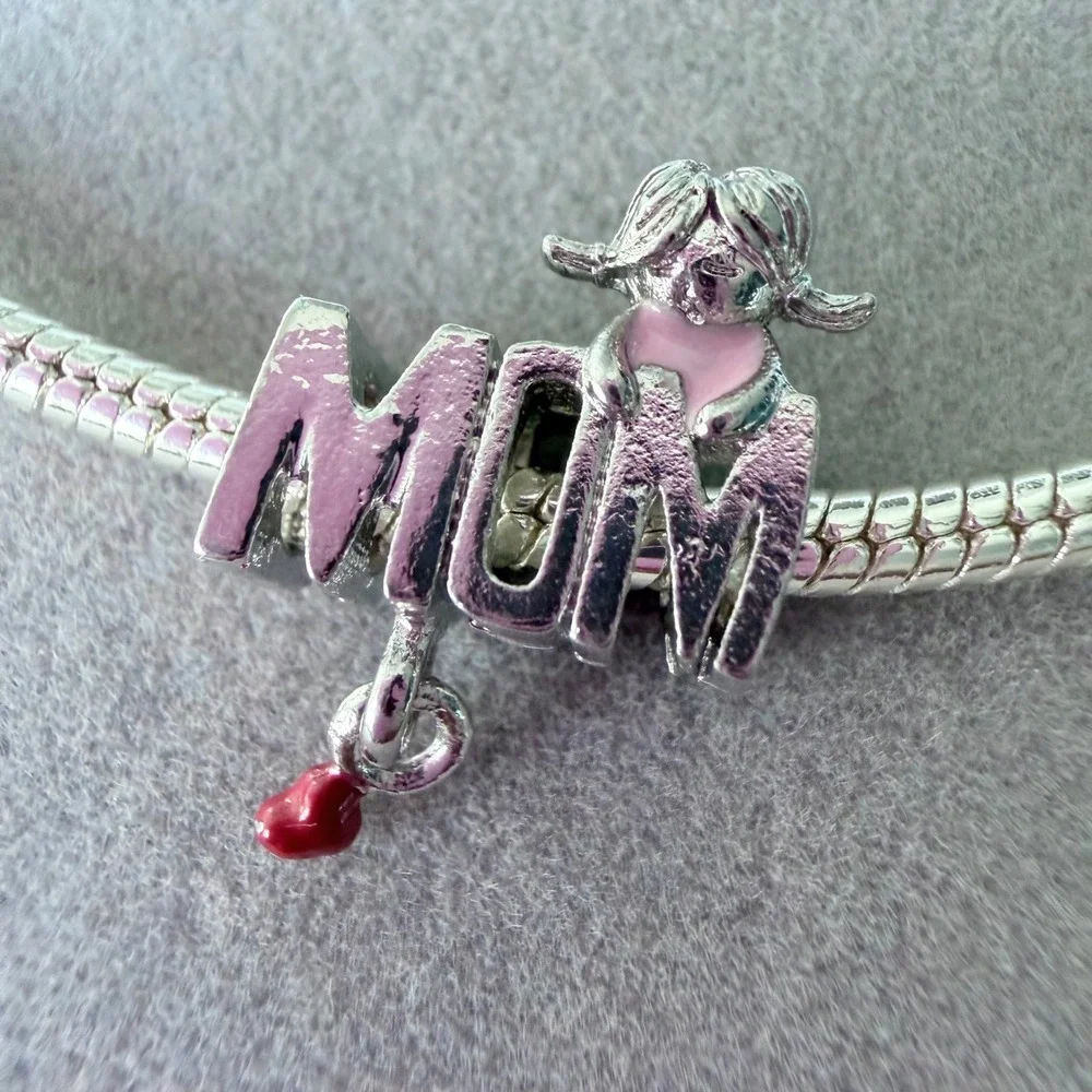MOM Silver Girl Pink Red Heart Dangle Charm fits PANDORA